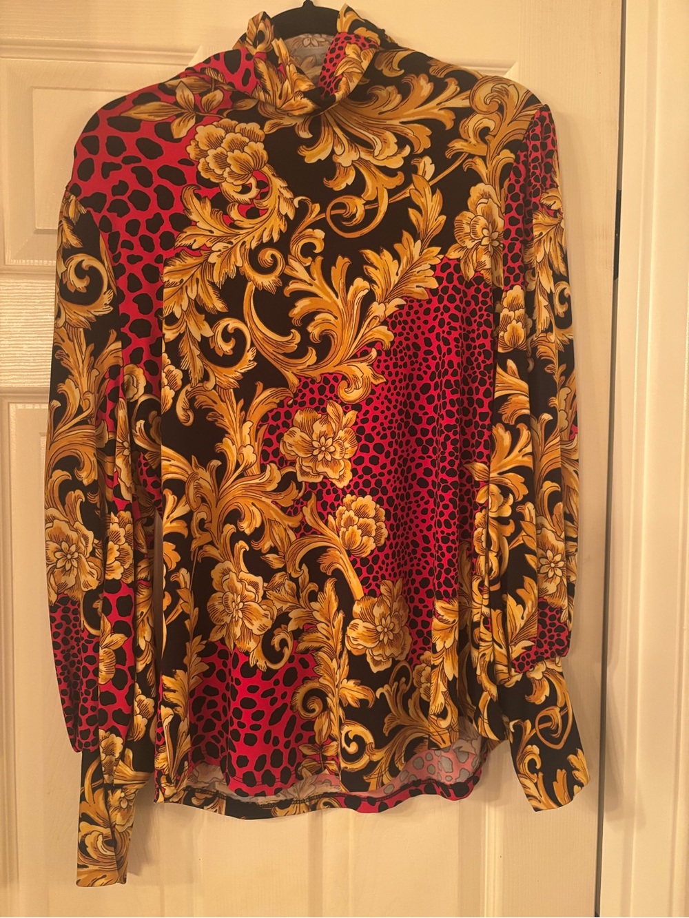New York & Company Gold Baroque Floral & Red Animal Print Button-Down Top